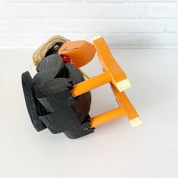 Primitive Black Crow Wood Shelf Sitter Figurine in Straw Hat Fall Pipe Folk Art - Picture 4 of 7